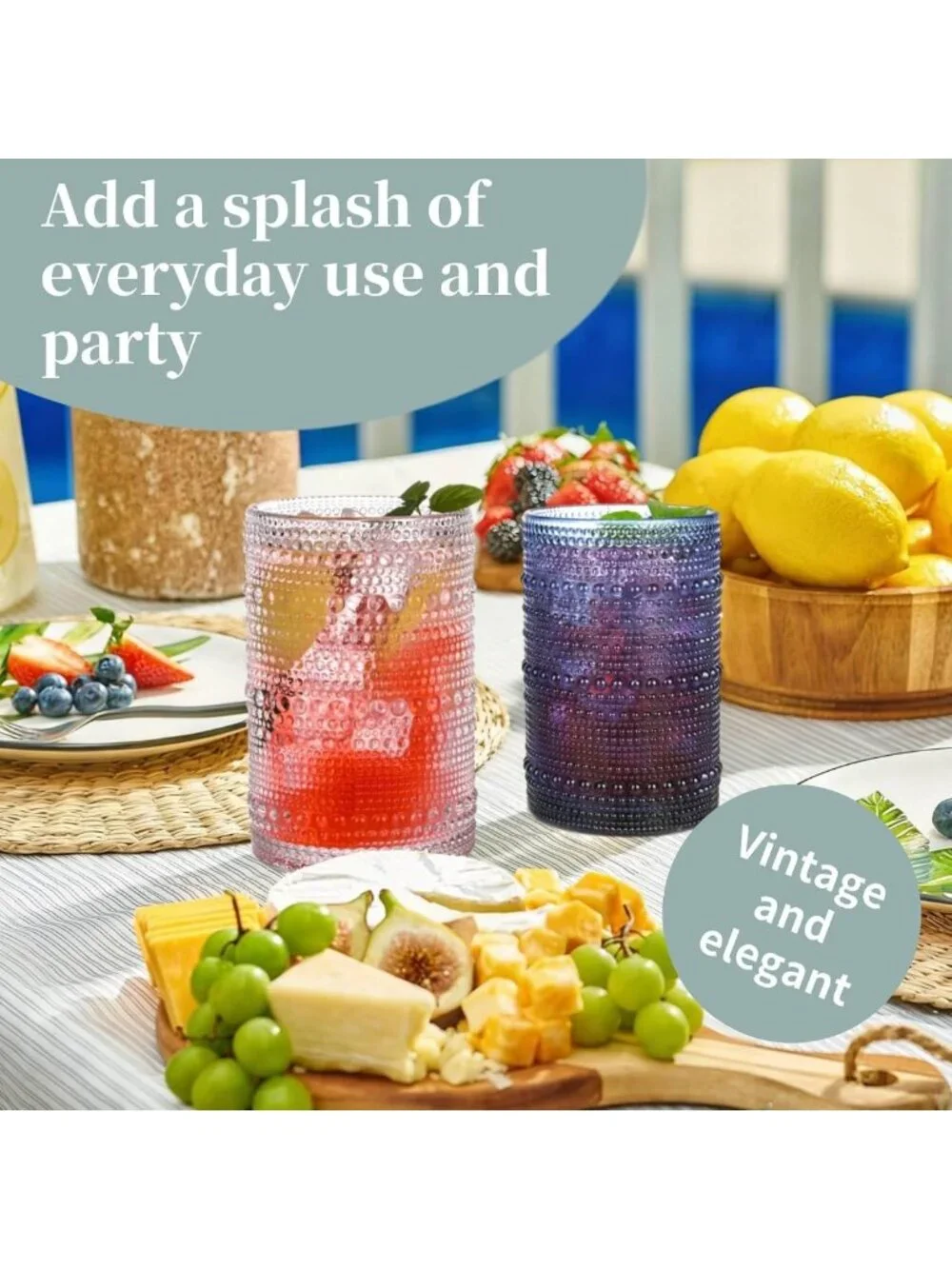 Vintage Colored Hobnail Highball Glasses Set of 6, 15 oz Drinkware for